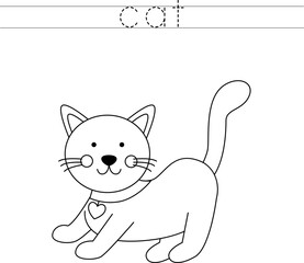 Trace the letters and color cat. Handwriting practice for kids.