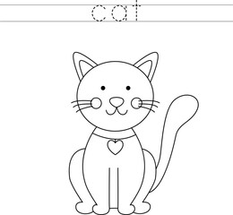 Trace the letters and color cat. Handwriting practice for kids.