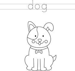 Trace the letters and color dog. Handwriting practice for kids.