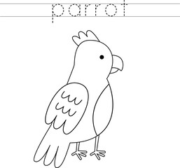 Trace the letters and color parrot. Handwriting practice for kids.
