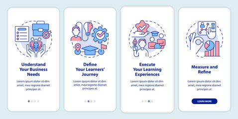 Creating leaders onboarding mobile app screen. Business needs walkthrough 4 steps editable graphic instructions with linear concepts. UI, UX, GUI template. Myriad Pro-Bold, Regular fonts used