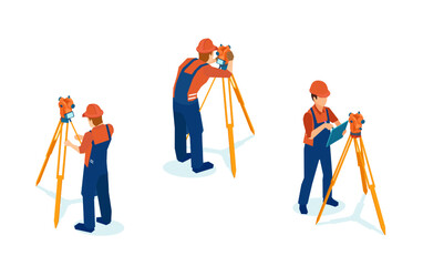 vector of a professional engineer surveyor takes measures with level theodolite on tripod