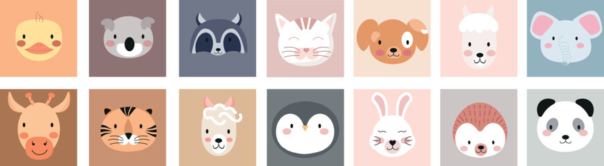 Cute animal face set vector illustration. Nursery character card collection for graphic, print: penguin, hare, hedgehog, panda, giraffe, tiger, lama, sheep, cat, dog, elephant, chick, koala, raccoon