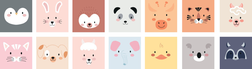 Cute animal face set vector illustration. Abstract scandinavian nursery character collection: penguin, hare, hedgehog, panda, giraffe, tiger, lama, sheep, cat, dog, elephant, chick, koala, raccoon