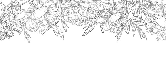 Vector banner layout with lots of big vintage peonies, leaves on white background. Decorative drawing with thin lines. Decorative element for advertising design. Flower shop. Floral festive invitation