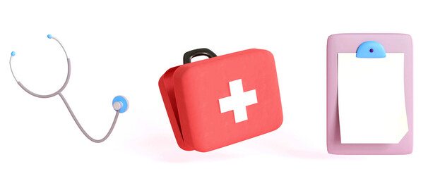 3D first aid kit ,red medicine chest, stethoscope, clipboard health checkup insurance report, isolated on white background, 3d rendering - obrazy, fototapety, plakaty