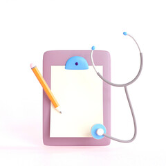 Healthcare medical doctor stethoscope pencil clipboard health checkup insurance report. 3d rendering.