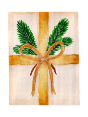 Watercolor illustration, craft gift box decorated by fir and golden ribbon. Element isolated on white background.