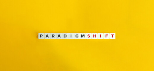 Paradigm Shift Banner. Letter Tiles on Yellow Background. Minimal Aesthetics. - obrazy, fototapety, plakaty