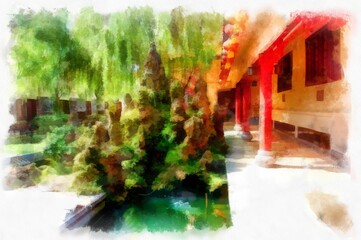 Fototapeta na wymiar Landscape of ancient chinese shrine watercolor style illustration impressionist painting.
