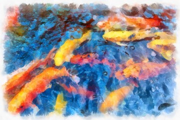 Fototapeta na wymiar A group of koi fish in the pond watercolor style illustration impressionist painting.