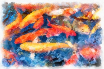 A group of koi fish in the pond watercolor style illustration impressionist painting.