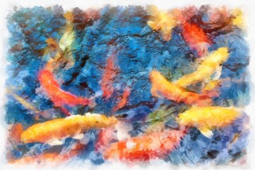 A group of koi fish in the pond watercolor style illustration impressionist painting.