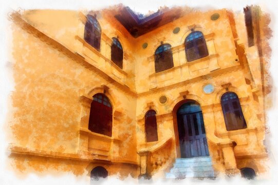 The ancient yellow building colonial architecture There are beautiful decorative stucco components, doors and windows watercolor style illustration impressionist painting.