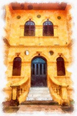 Fototapeta premium The ancient yellow building colonial architecture There are beautiful decorative stucco components, doors and windows watercolor style illustration impressionist painting.