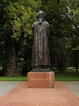 Friendship Park, Moscow, Russia - April, 2022: Bronze sculpture of the Indian poet Rabindranath Tagore. Sculptor Gautam Pal.