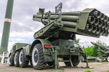 Soviet and Russian multiple rocket launchers. Field jet system. A combat vehicle on the chassis of a truck. Weapons with increased firepower. Museum of artillery in the city of Perm.