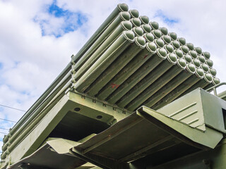 Naklejka premium Soviet and Russian multiple rocket launchers. Field jet system. A launcher for multiple launch rocket systems. Weapons with increased firepower. Multi-shot launcher. Military transport.