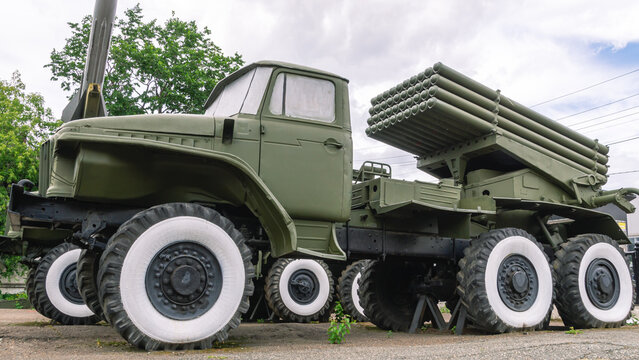 Soviet and Russian multiple rocket launchers. Field jet system. A combat vehicle on the chassis of a truck. Weapons with increased firepower. Museum of artillery in the city of Perm.