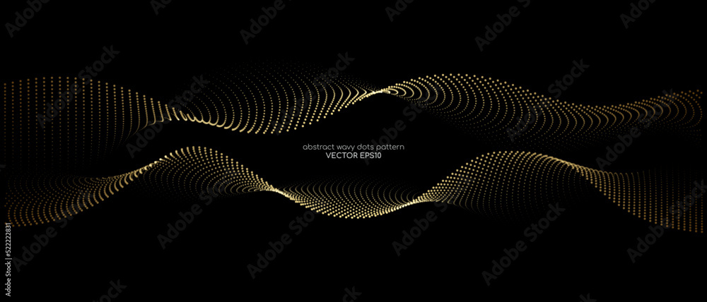 Poster flowing dots particles wave pattern gold light isolated on black background. vector in concept of te