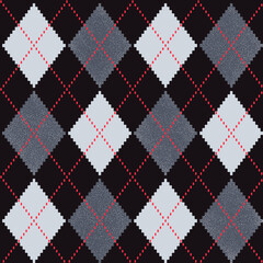 Seamless argyle check pattern in gray, black and white with dotted red stitch. Vector background