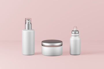 White spray bottle jar and dropper beauty cosmetic on pink background Blank mockup 3D illustration with pink background