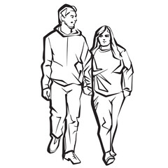 Woman and man on a walk. Sketch of the young couple. Ink drawing