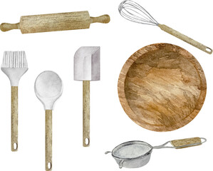 Watercolor white kitchen utensils, culinary spatula, whisk and p
