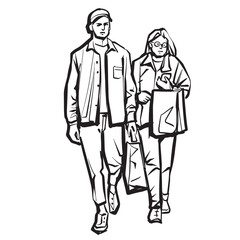 Woman and man on a walk. Sketch of couple. Ink drawing
