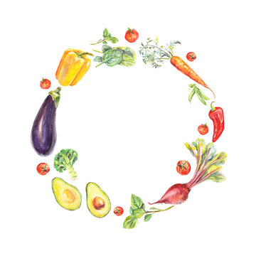 Watercolor round vegetable frame with avocado, yellow bell pepper, chilli, tomatoes, beet, carrot, broccoli, basil, spinach, eggplant. Illustration for food blog, menu, farmers advertisment, prints.