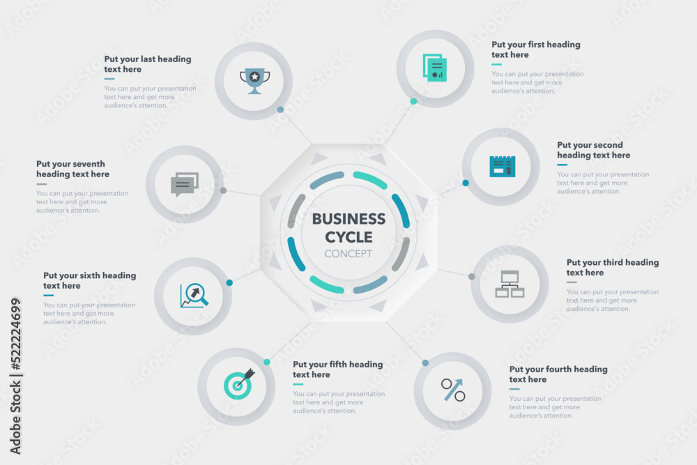 Poster business cycle template with eight stages. slide for business presentation.