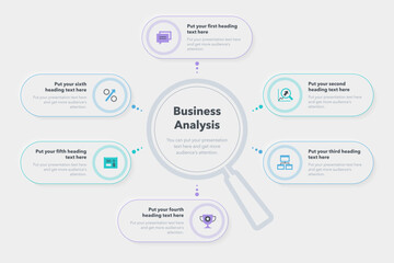 Business Analysis template with six stages with a magnifier as a main symbol. Easy to use for your website or presentation.