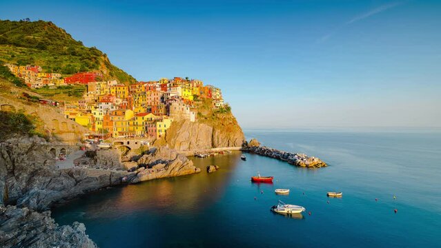 Panoramic Sunset Time Lapse of beautiful town of Manarola in Cinque Terre, Manarola, Liguria, Italy