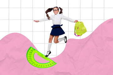 Composite collage illustration of excited little girl hold backpack drawing protractor isolated on...