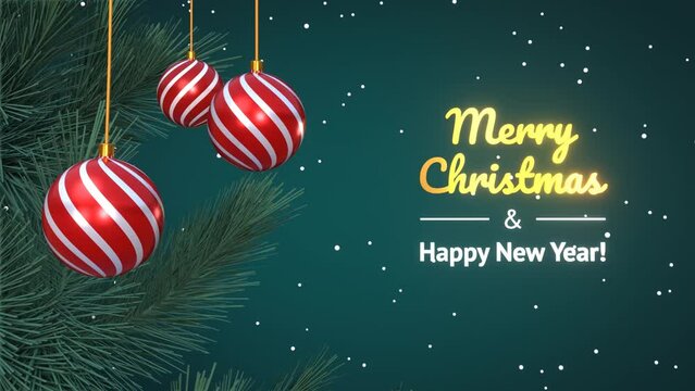 3d animation of snow falling on green background with pine tree branches and New Year's balls moving from wind. Christmas or New Year loop video