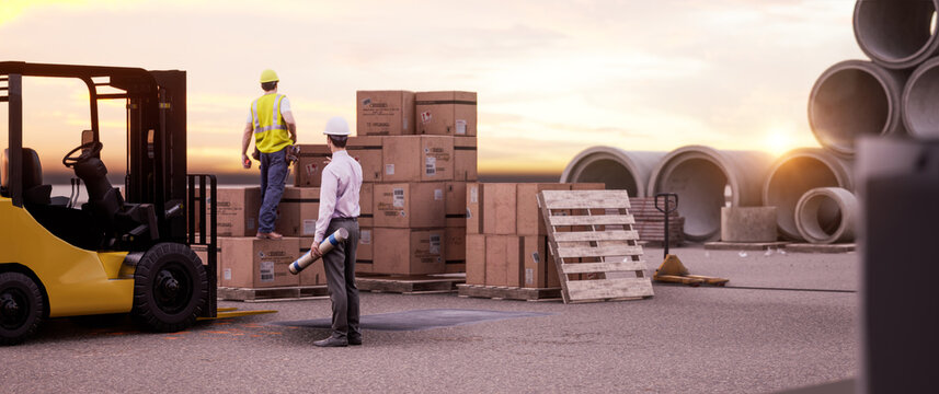 Offenes Materiallager im Freien mit 2 Arbeitern