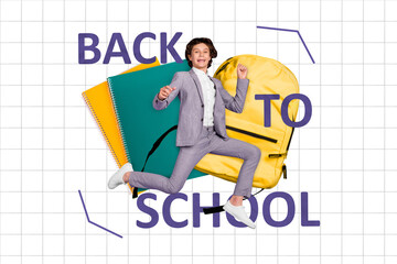 Composite collage picture of excited delighted boy celebrate back to school isolated on checkered copybook background