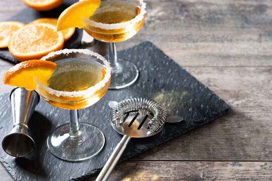 Sidecar Cocktail With A Sugar Rim On Wooden Table	