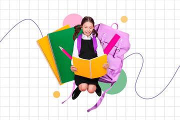 Collage 3d image of pinup pop retro sketch of happy funky small kid reading book isolated painting background
