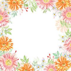Watercolor beautiful floral frame with orange and pink chrysanthemums and chamomile. Artwork for greeting card, wedding, postcard, prints, invitations, floral shops, promotion, birthday.