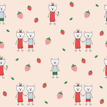 Kittens and strawberries. Funny vector drawing. Stylized cats with flowers on a pink background.