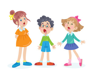 Children sing a song. Two little girls and one boy stand together. In cartoon style. Isolated on white background. Vector flat illustration.