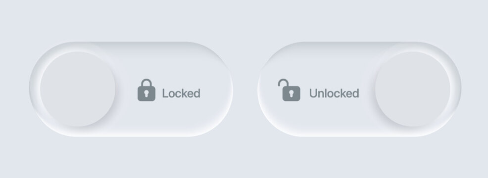 3D Neumorphism on off button symbol, soft white slider bars, active unlock and lock power badges, user interface switch panels.