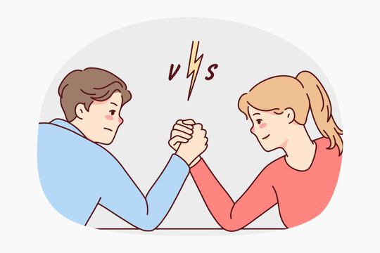 Man and woman arm wrestling decide leadership and dominance. Male and female cartoon characters demonstrate strength and power. Vector illustration. 
