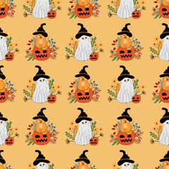 Seamless pattern with cats. Pattern with pumpkins. Halloween, flowers, cat, autumn, leaves.