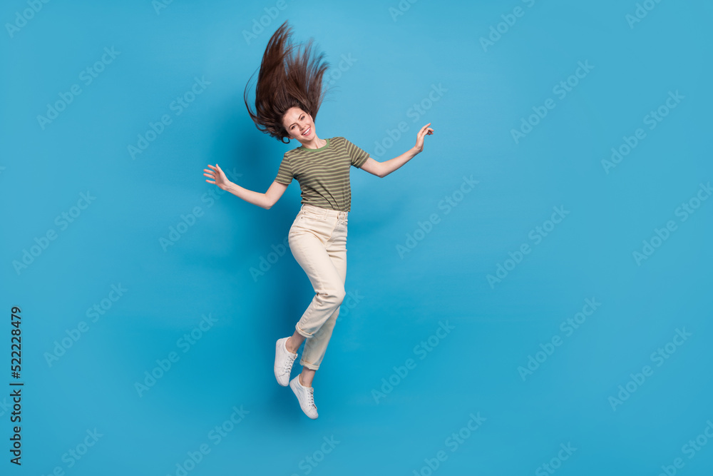 Sticker Full body photo of cool millennial brunette lady jump wear casual cloth isolated on blue background