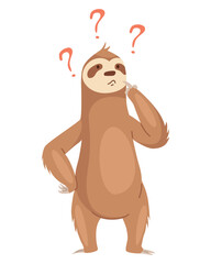 Obraz premium Sloth character with questions. Cute cartoon sloth-bear character. Funny lazy animal, hand drawn clip art illustration. Jungle rainforest sloth. Tropical mammal or adorable sloth