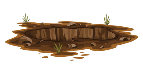 Hole ground. Entrance underground, big crack or ruin. Dirty, dark entrance, detailed drawing in cartoon style. Ground hole, deep pit with grass and stones. Cartoon den of wild animal - obrazy, fototapety, plakaty