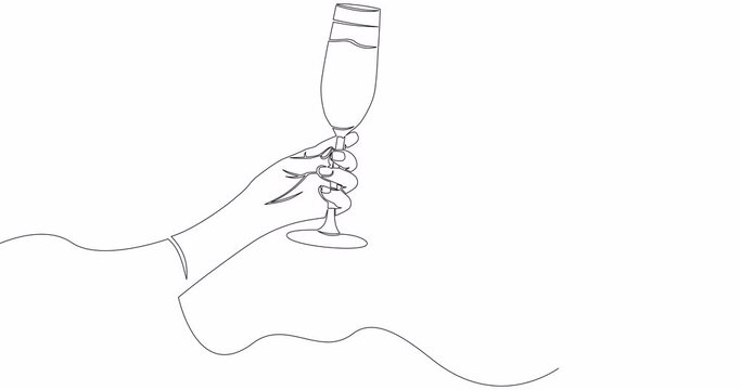 Self drawing line animation Hands cheering with glasses of champagne continuous line drawn concept video