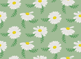 Seamless pattern with daisies and leaves. Texture with wildflowers in cartoon style.